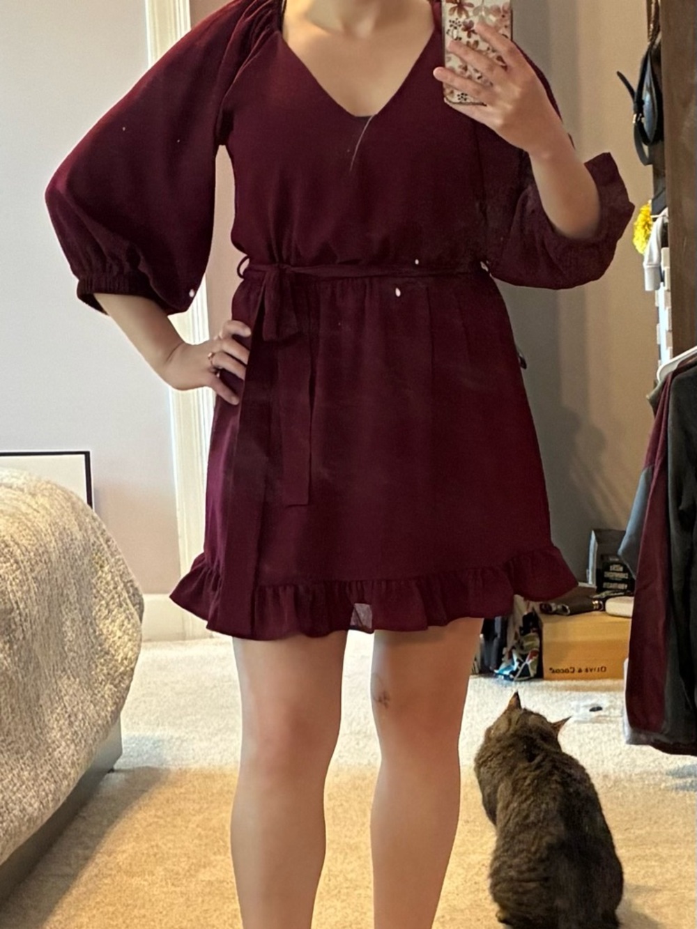 Vici Burgundy V-Neck Ruffle Mini Dress